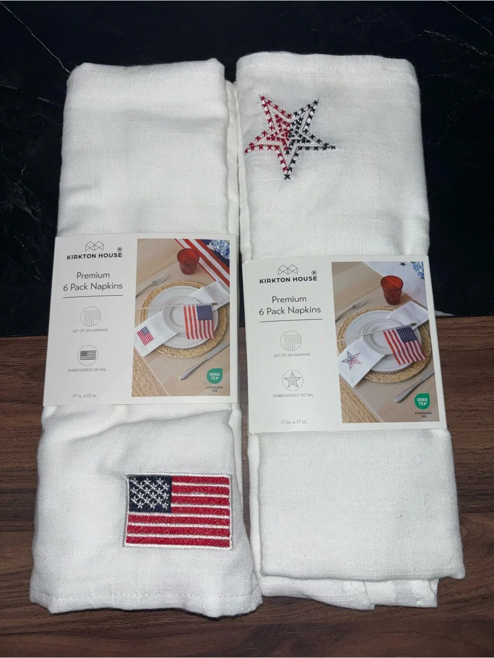 🇺🇸NEW Kirkton House White Embroidered American Star & Flag Cloth Napkins